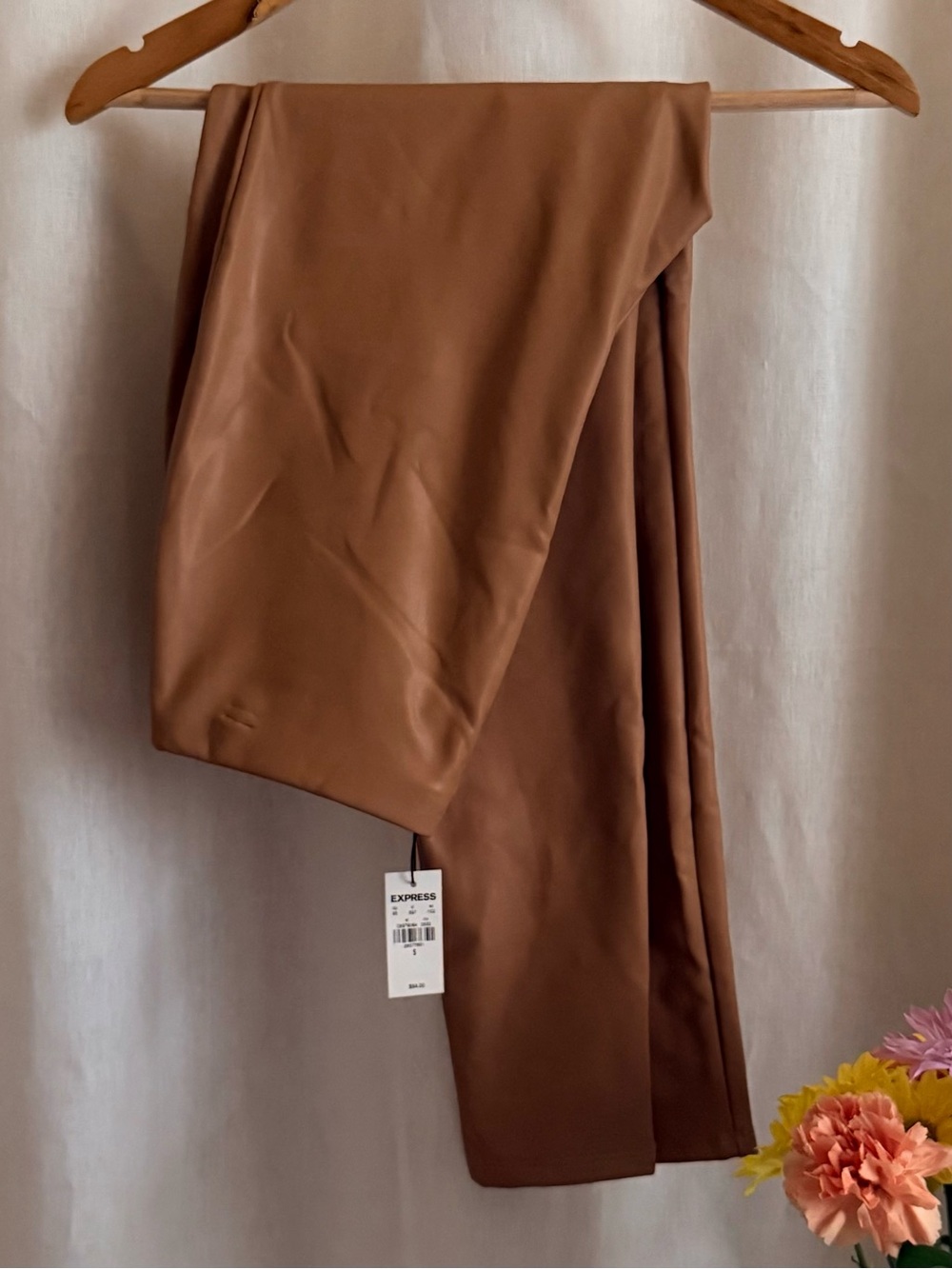NWT Express Faux Leather Pants S Small Camel Brown Pull On Skinny Vegan